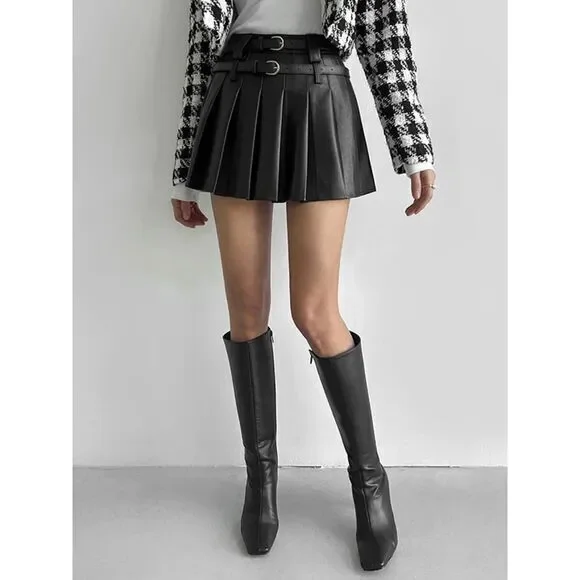 Commense Pleated Mini Skirt with Double Buckle Belt Preppy School Girl Style M - Picture 2 of 6